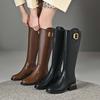 Krazing Pot Осенне-зимняя обувь из коровьей кожи на толстом среднем каблуке, большой размер 45, размер 44, размер 46, металлические пряжки, женские теплые сапоги до колена