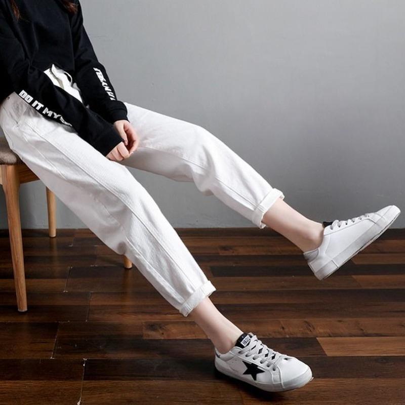 Укороченные брюки, сплошной цвет, джинсы больших размеров, женские свободные повседневные шаровары с высокой талией