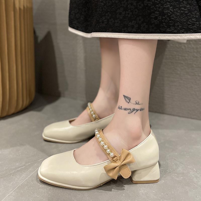 Fashion New Square Toe Thick Heel Shallow Mouth Bowknot Pearl Decoration Elegant Women's Shoes Sexy Fashion Casual Party Low Heels