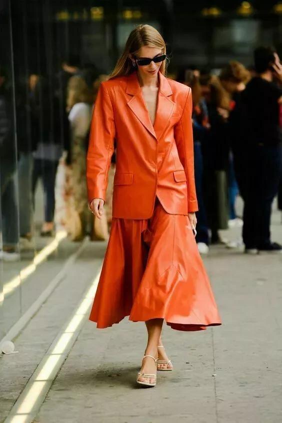 AL KHALID Women's Party Stylish Wear Button Blazer Orange Leather Real Lambskin Genuine