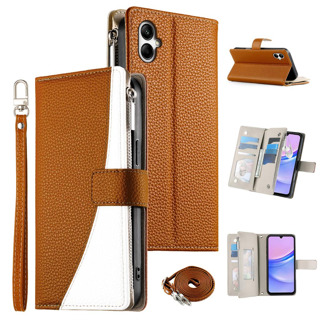 For Samsung Galaxy A05 4G Case Zipper Wallet Color Splicing Leather Flip Phone Cover with Straps