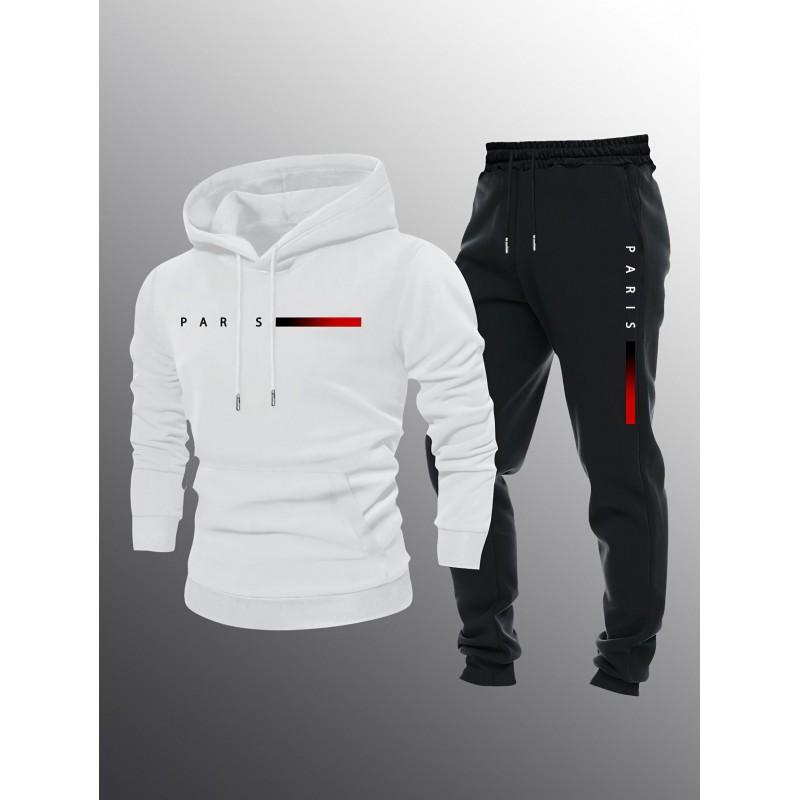 Unisex Paris Print Hooded Sweatshirt Drawstring Jogger Set Winter Warm Casual Sportwear