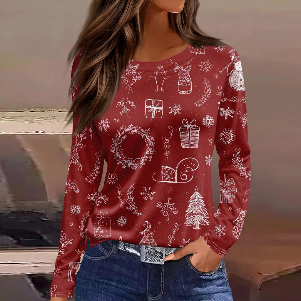 Women's Fashion Hem Slit Casual Christmas Printed Round Neck Long Sleeve Top
