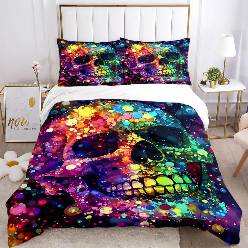 3pcs Colorful Skull Design Bedding Set, Includes One Quilt Cover and Two Pillowcases (No Core), Perfect for Bedroom and Guest Room