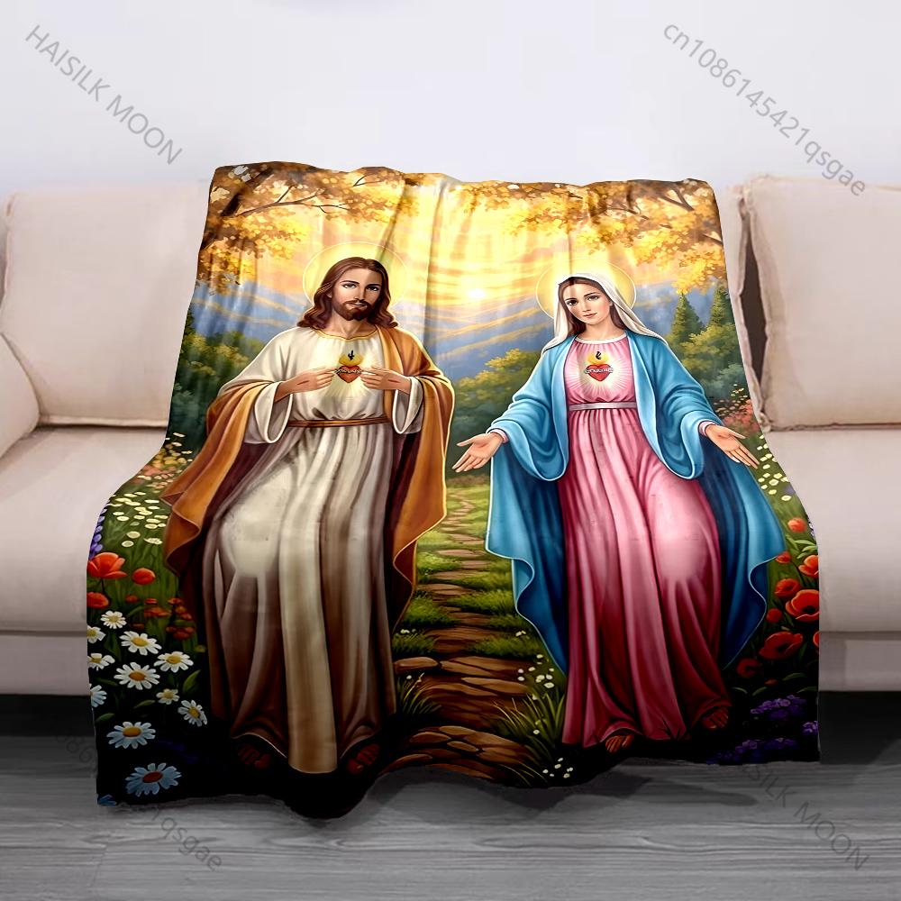 Sacred Hearts figures in garden Print Believer Pray blanket Warm soft flannel material suitable for all seasons luxurious gift