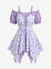 Rosegal Plus Size Flowers Plaid Print Lace Up Ruffles Ruched Asymmetrical Cold Shoulder Blouse