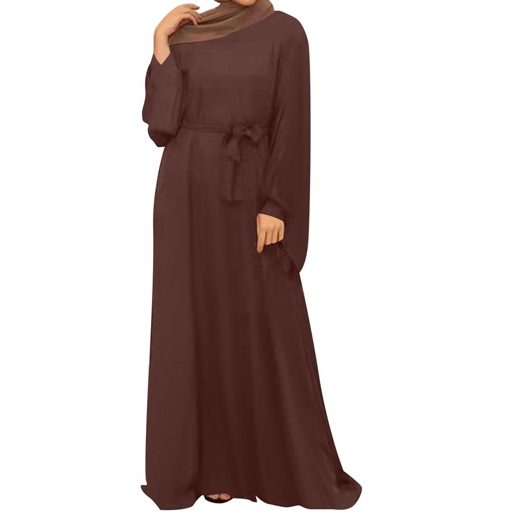 Muslim Women's Dresses Casual Long Sleeve Pullover Round Neck Hem Dresses
