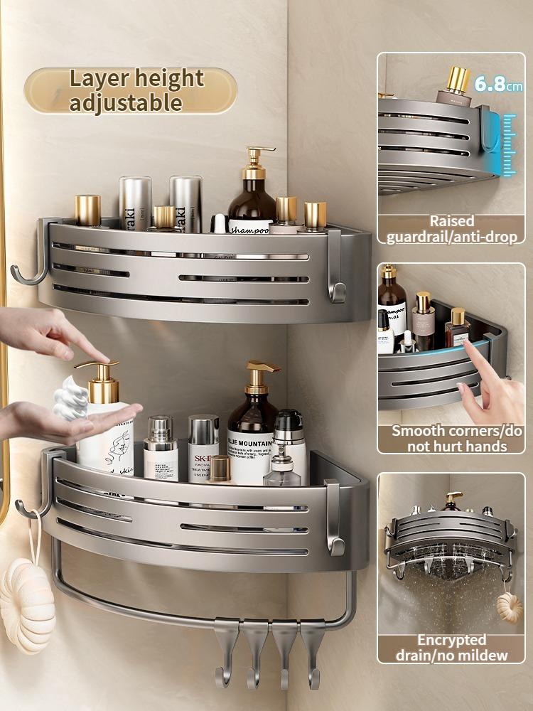 No-Drill Adhesive Style Aluminum Bathroom Shelf Shelves Shampoo Makeup Storage Holder Kitchen Organizer Wall Mounted Rack Access
