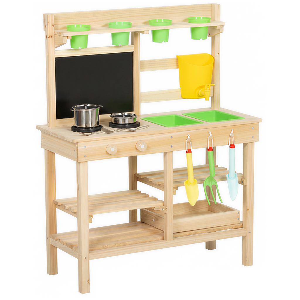 Wooden Outdoor Toy Kitchen, Flower Pots, Sinks, Faucet, Stainless Steel Utensils