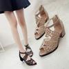 Water Diamond Fish Mouth Sandals for Women, Hollow Out Large, Thick Heel, Middle Heel, Back Zipper Sandals