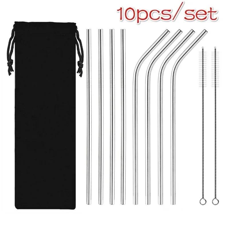 10Pc Rainbow Color Reusable Metal Straws Set with Cleaner Brush 304 Stainless Steel Drinking Straw Drinkware Bar Party Accessory