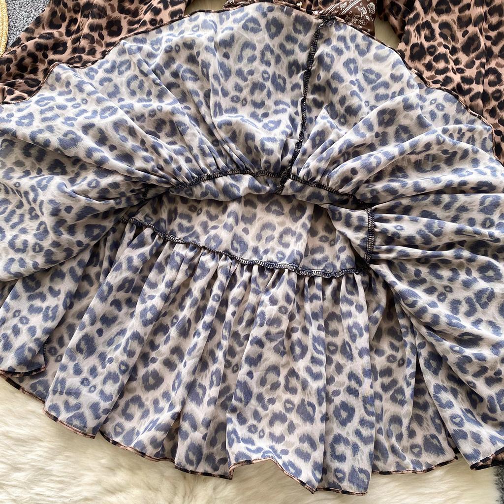 Women's Dress Funky Scarf Tie Waisted Lantern Sleeve Leopard Mesh A-Line Short Dresses