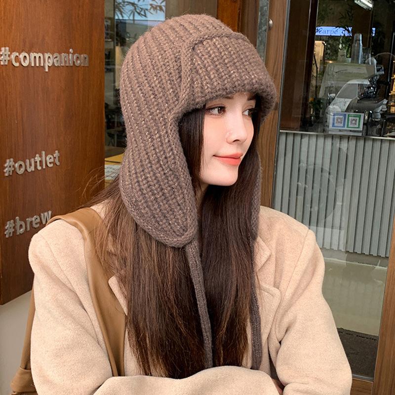 Защитная вязаная шапка для ушей, зимняя теплая, морозостойкая, летная шапка, однотонная шерстяная вязаная шапочка, корейская женская шапочка