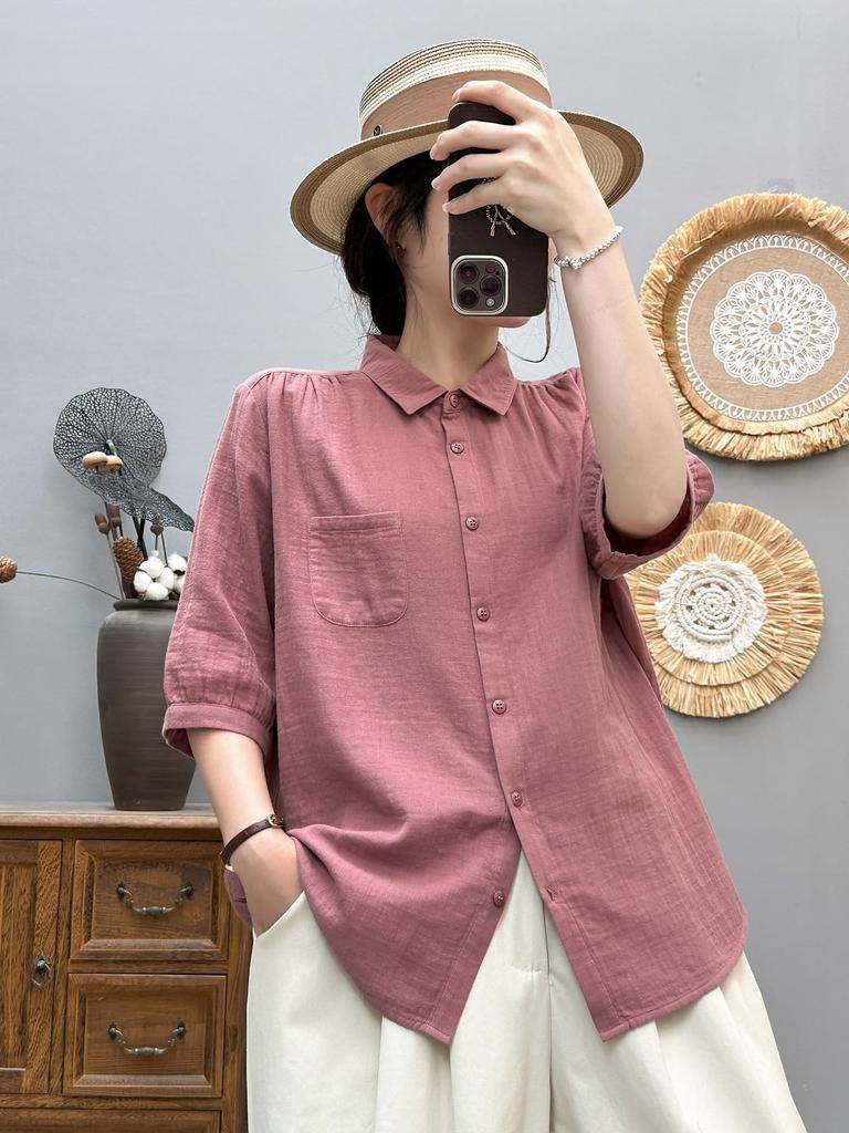 Double Gauze Gauze Short Striped Commuting [Hanmall] Shirt, 100% Cotton, Shirt, Blouse, Women's, Shirt, Sleeve, Top, Summer, Cotton, Casual, Simple,