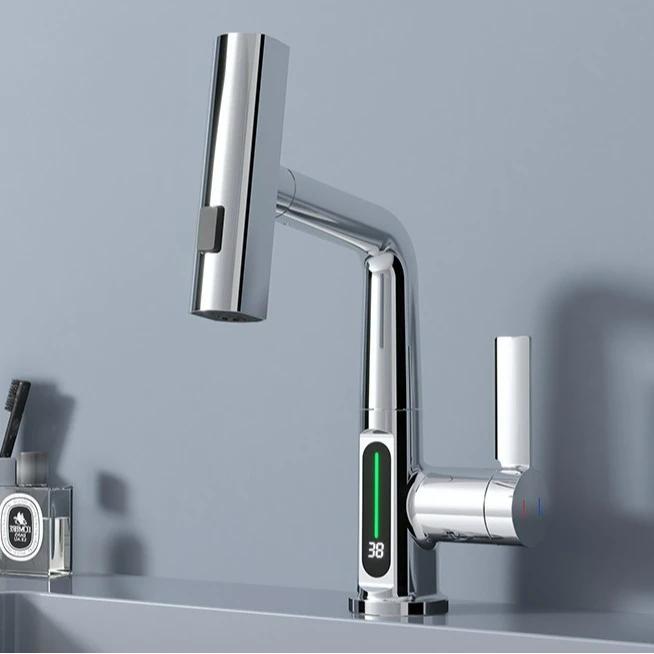 Digital Display Basin Faucet Pull-Out Kitchen Bathroom Rainfall Temperature Hydropower Faucet