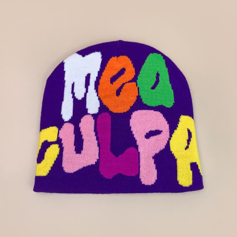 Hip Hop Color Letter Jacquard Knitted Hat Men'S And Women'S Warm Retro American Contrast Colour Pullover Hat