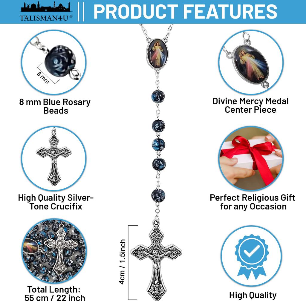 TALISMAN4U Католическое ожерелье из четок, синие стеклянные бусины, медальон «Бог, милосердие», крест Иисуса, религиозный подарок, стеклянная коробка,