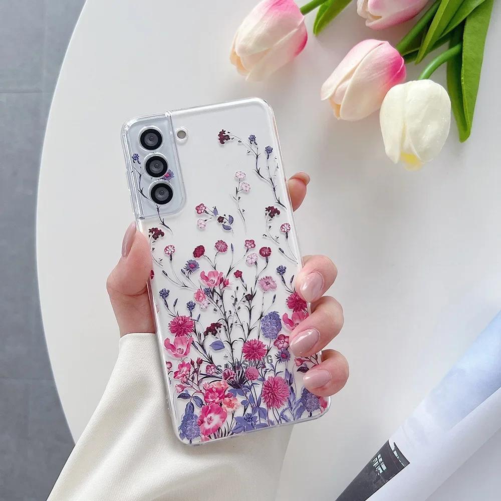 Милый Чехол для Телефона с Рисунком Цветов для Samsung S25 S24 S22 S21 FE Ультра Прозрачные Силиконовые Чехлы для Samsung Galaxy S23 Plus Ultra