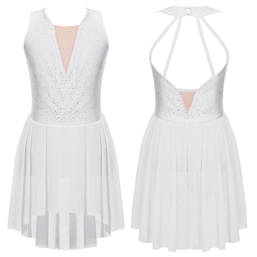 Kids Girls Rhinestone Figure Skating Ballet Lyrical Performance Dress Strappy Back Asymmetrical Hem Sleeveless Dance Dresses
