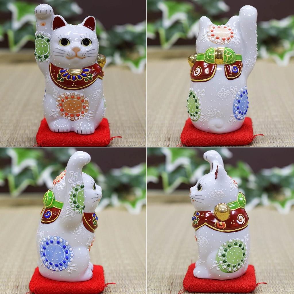 Waza no Kura Ceramic Kutani White Perfect for Grand Opening Birthday and Interior Figurine, Ware, Right-Handed Maneki-neko (Lucky Cat), Glaze, Gifts,