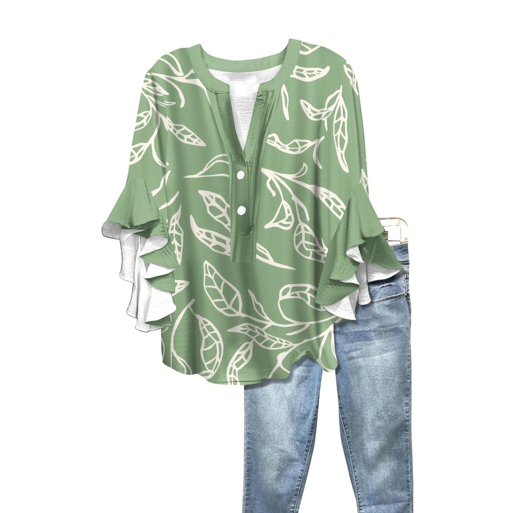 Summer Women's Tops V-Neck Seven Sleeve Shirt Spring Summer Floral Printed Tops Casual Shirt