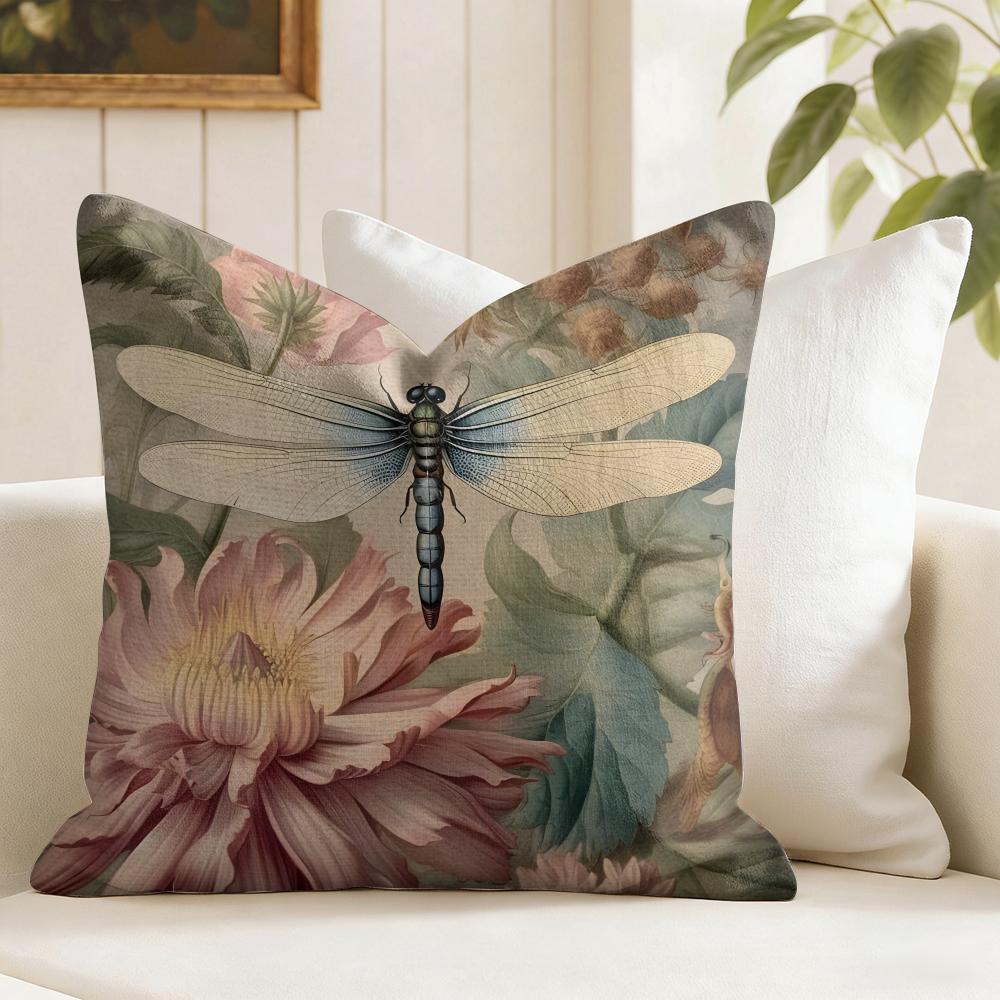 Dragonfly Lotus Cushion Cover Summer Linen Pillow Case Organic Fabric Cushion Cover DoubleSided Print Sofa Home Decor