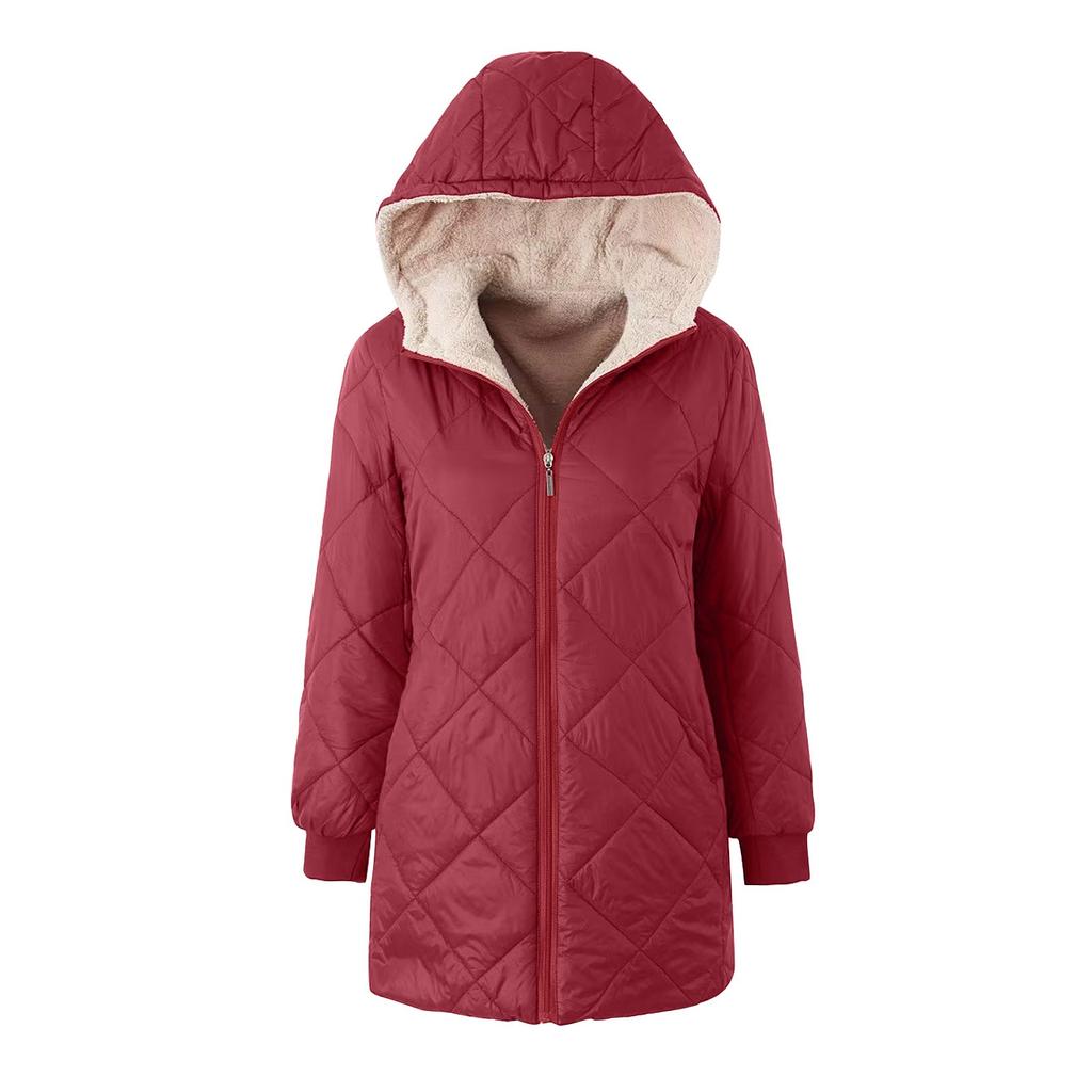 Women's Coat Solid Color Lambfleece Glossy Geometric Check Hooded Zipper Mid-length Cotton Jacket