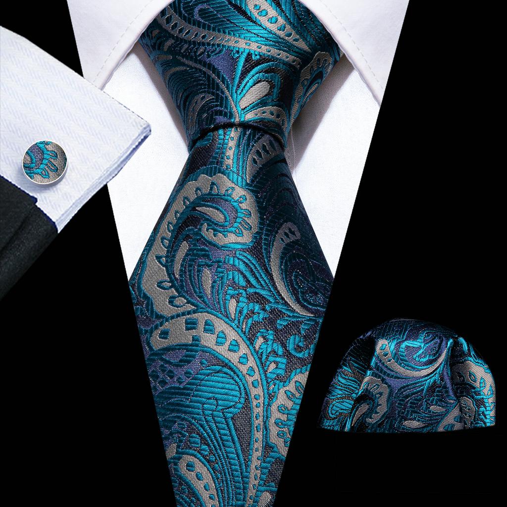 Barry.Wang Necktie Hankerchief Cufflinks Set Earth Yellow Paisley Jacquard Woven Wedding