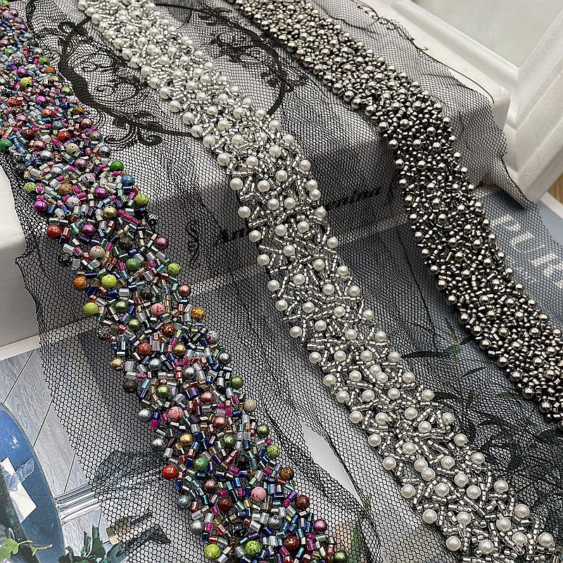 Кружевная лента с бисером Кружевная ткань Отделка бахромой из бисера Вышитая отделка воротника Африканская кружевная ткань Шитье DIY поделки