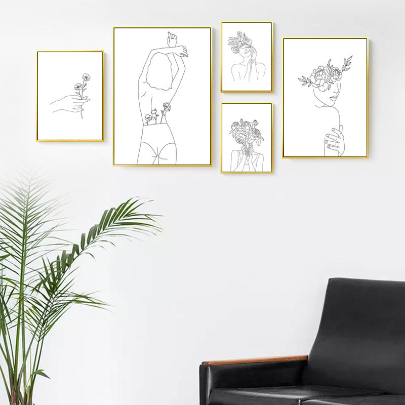 Черно-белые сексуальные женские настенные художественные печати, абстрактные простые линии, холст, живопись, цветочные постеры, фотографии для домашнего декора
