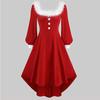 Christmas Performance Dress Fluffy Square Neck Pure Color A-line Irregular Hem Button Decor Festive Stage Show Santa Cosplay Costume New Year