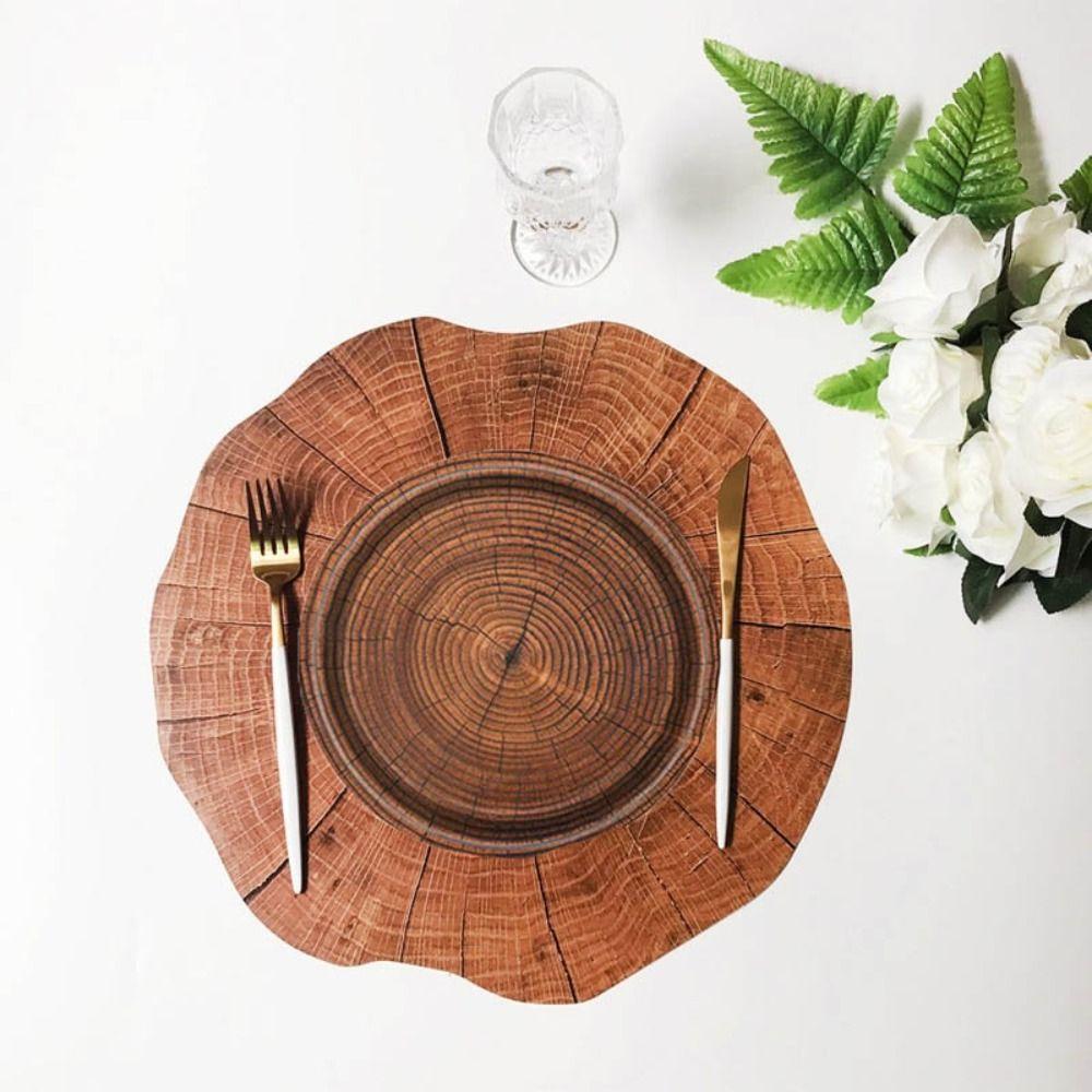 10pcs Round Imitation Wood Grain Disposable Plate Vintage Paper Food Tray Disposable Dish Picnic