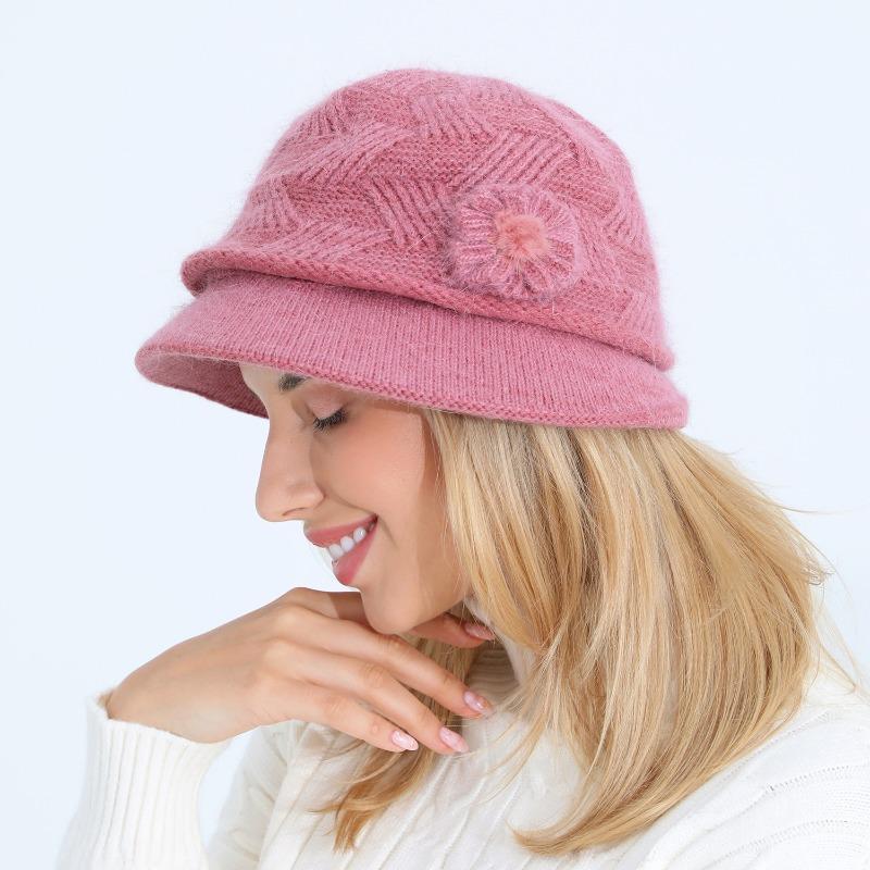 Knitted Hat Women's Autumn Winter Flower Fashion Mom Rabbit Wool Pot Hats & Caps with Thick Velvet Warmth Hat