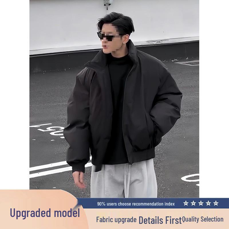 Men's American Rebellious Black Bomber Down Coat - Loose Fit Short Workwear Jacket