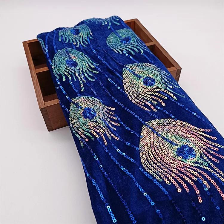 Павлиньи перья Ткань с пайетками Свадебная вечеринка Платье для выступления девочки Сделать ткань Вышивка Кружево Зеленый Оригинальность Модные ткани