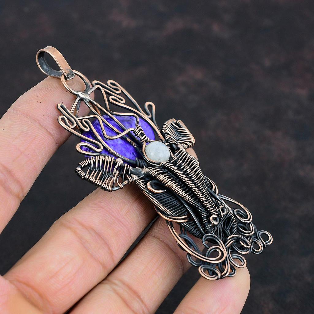 Подвеска из чароита, медная проволока, обернутая подвеской из драгоценных камней, медные украшения, подвеска в виде оленьей морды, подвеска из радужного лунного камня, украшения ручной работы для подарков
