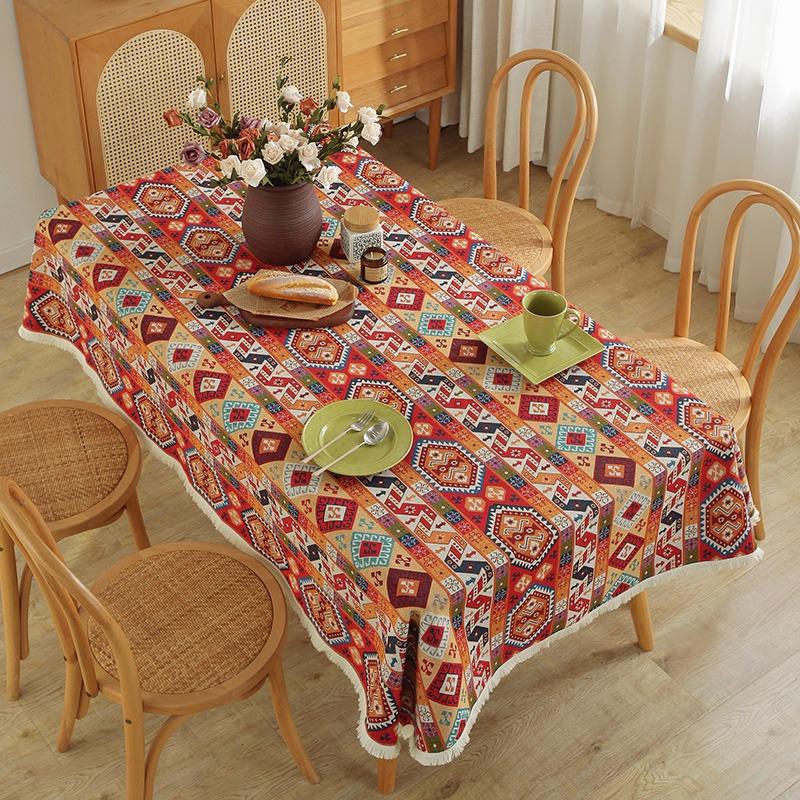 Bohemian Style Thick Cotton Linen Rectangular Tablecloth With Fringe