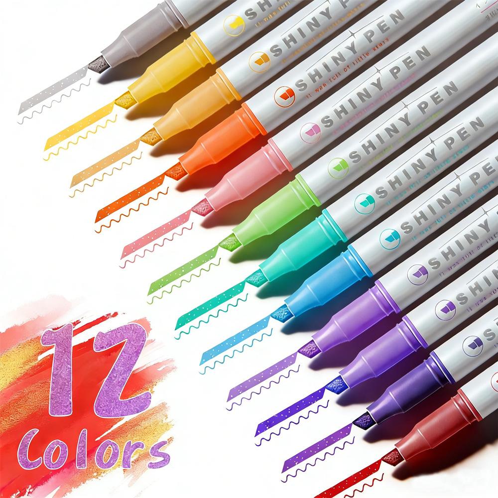 12 Colors Gel Highlighters with Glitter, Galaxy Hand Account Pens, Fluorescent Markers for Journaling, Planning, Drawing