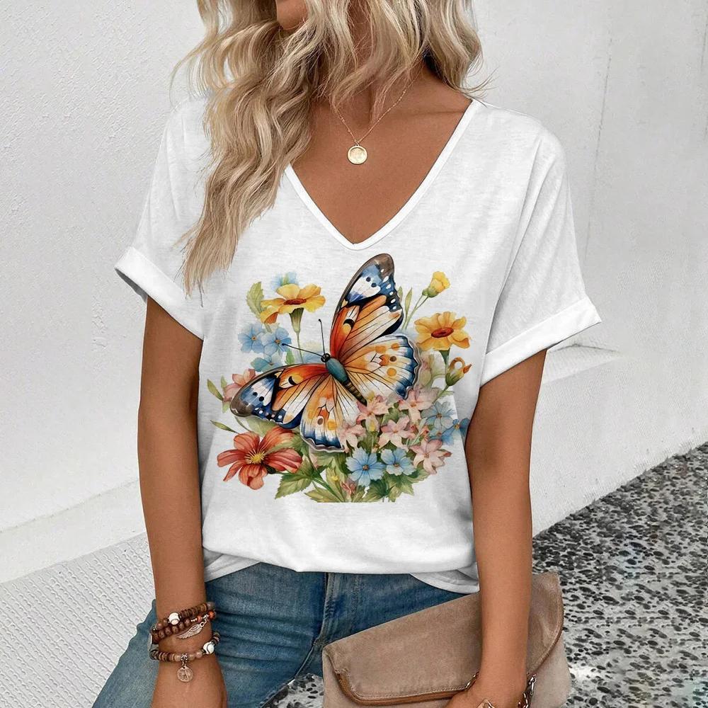 Summer Women T-shirt Butterfly Pattern V-Neck Tops Tees Female Fashion Trend Short Sleeve Clothing Ladies Daily Casual Outfit
