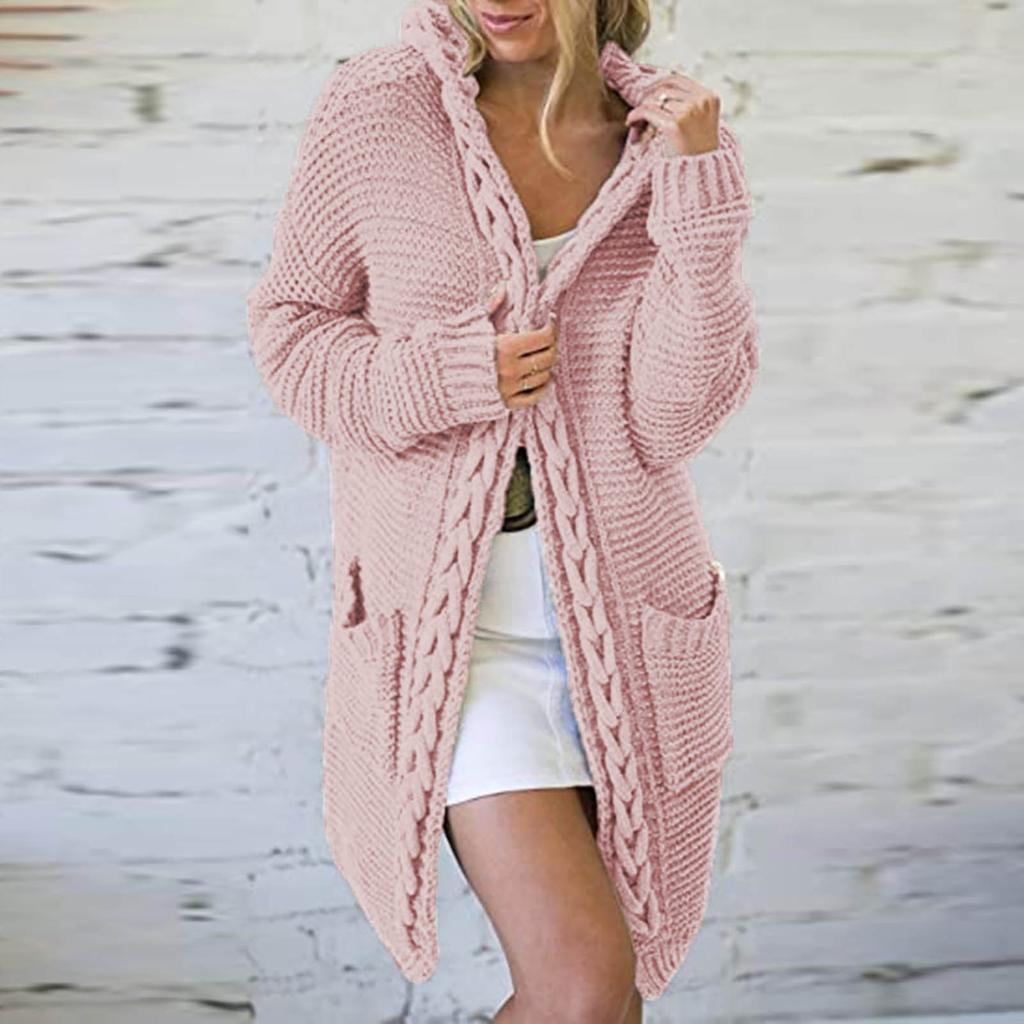 Женский осенне-зимний однотонный свободный вязаный свитер с карманом и капюшоном