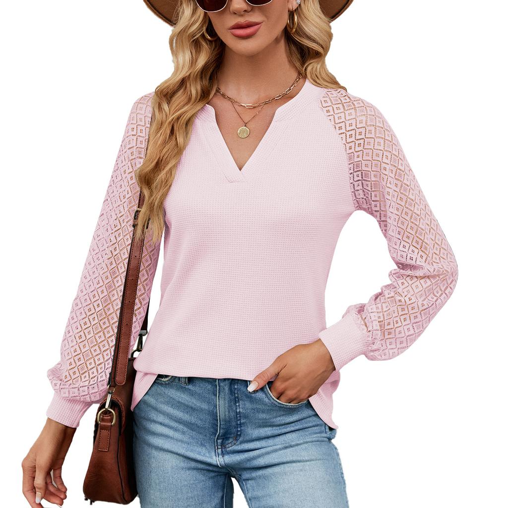 JKAASHDK Women's Fashion Casual Lace Print Summer Spring Long Sleeve V-Neck Pullovers Blouses & Shirts