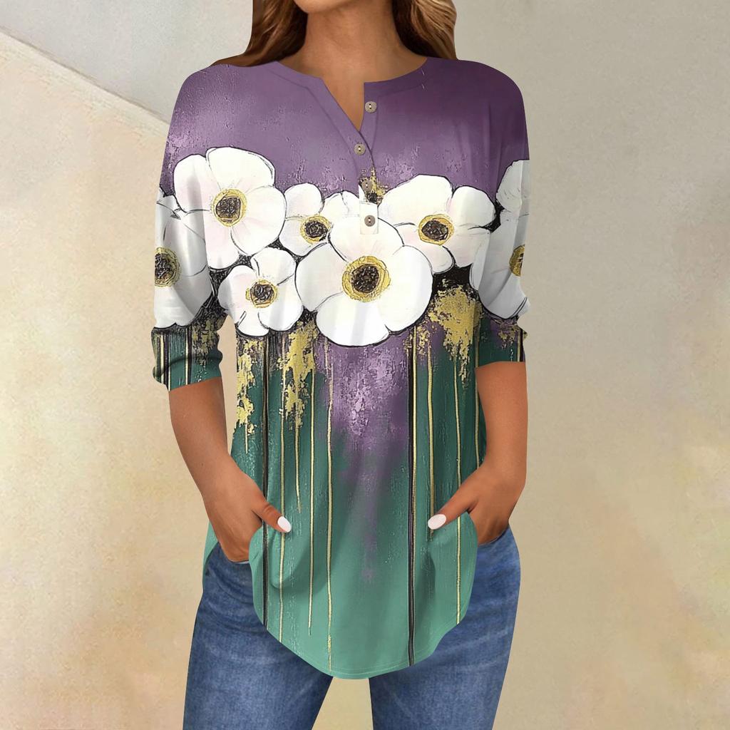 Женская свободная футболка с воротником на пуговицах и винтажным цветочным принтом, рукав три четверти