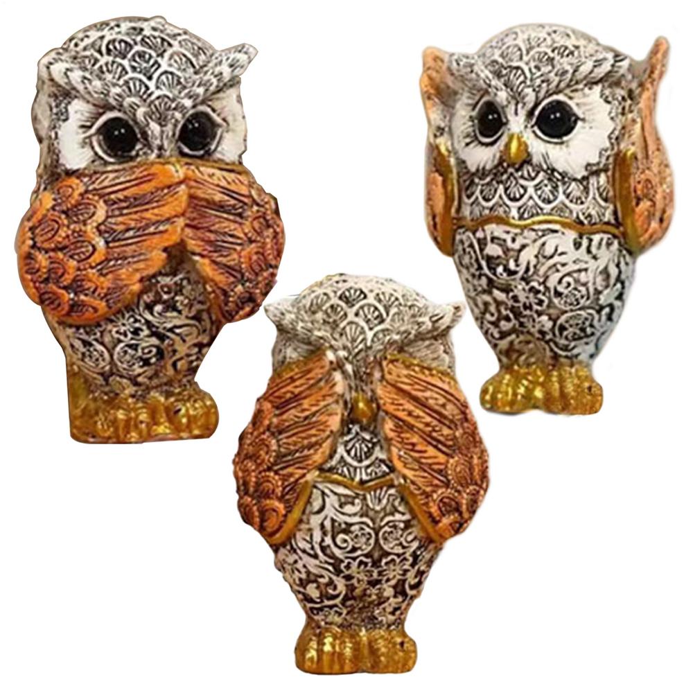 Owl Figurine Creative Tabletop Ornament no listen no see no speak Owl Sculpture for Office Cabinet Living Room Table Centerpiece