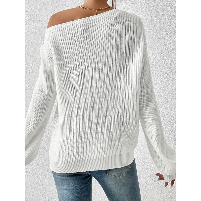 Вязаный свитер с открытыми плечами женский Новая повседневная одежда Длинный рукав Вырез лодочкой Осень Зима Базовые Свободные Свитера Оверсайз