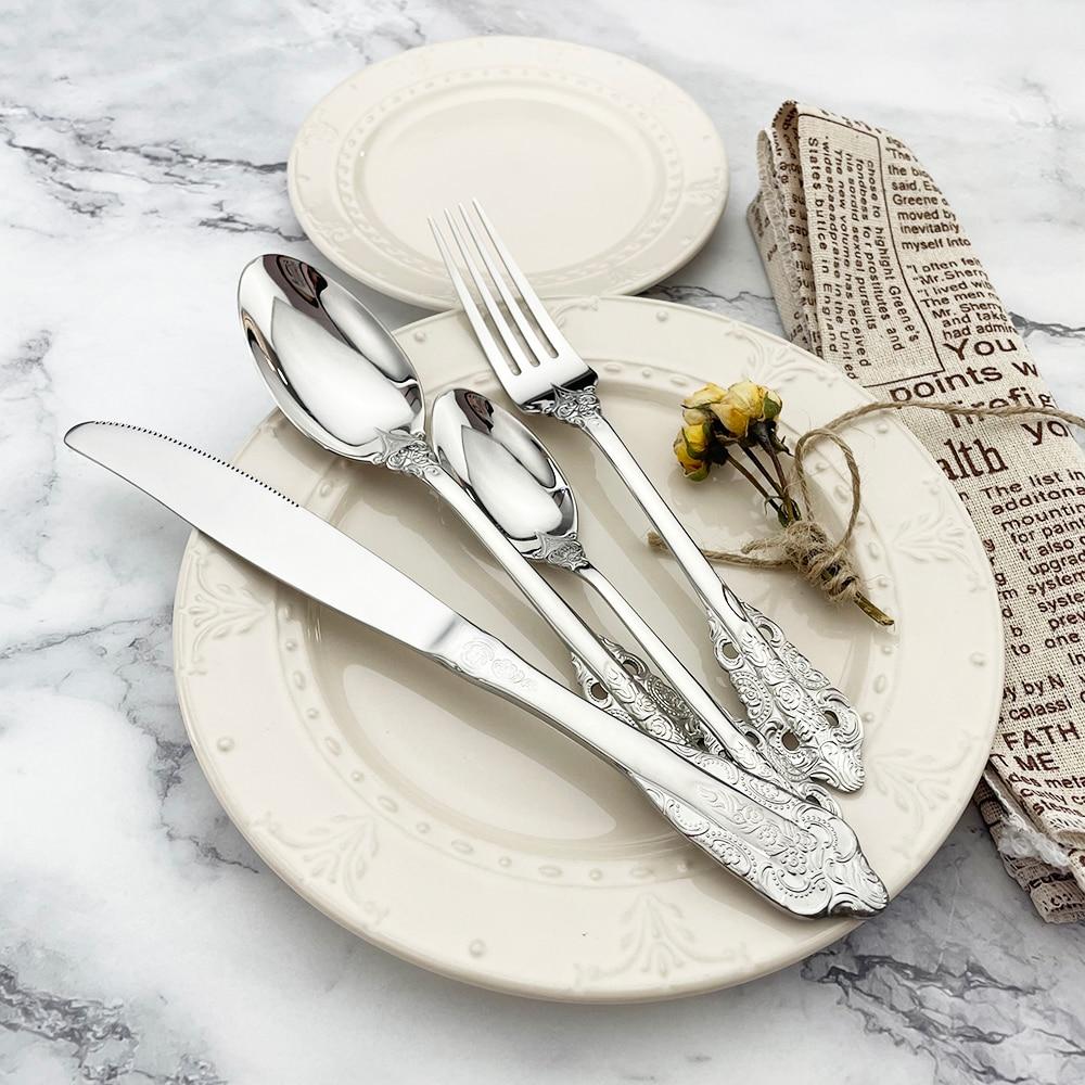 Золотой роскошный набор столовой посуды, винтажные столовые приборы в стиле вестерн, позолоченные столовые приборы из нержавеющей стали 304, набор ножей и вилок, кухонная посуда