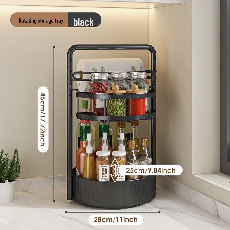 Black Double-Layer Rotating Kitchen Spice Rack