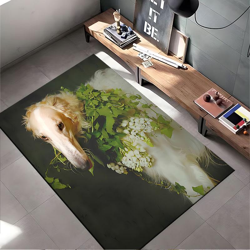 Elegant Dog with Greenery suitable as a non-slip mat for the living room or bedroom sofa