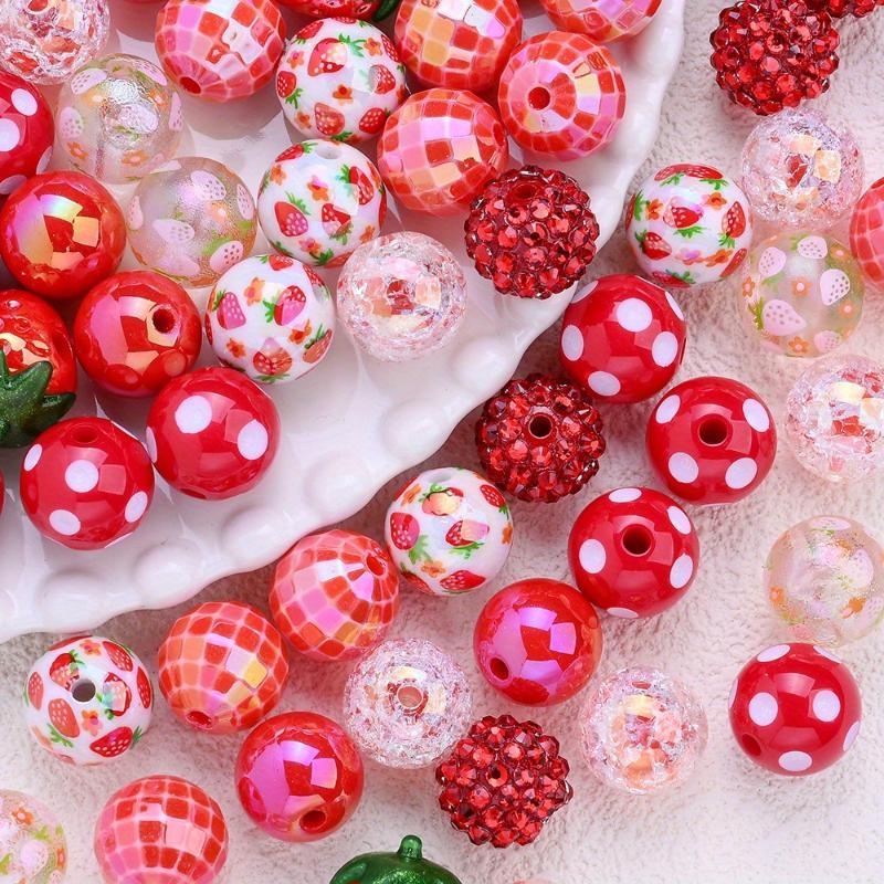 20Pcs Mixed Red Round Strawberry Acrylic Beads Lightweight for DIY Bracelet Necklace Party Decor Craft Making Accessories