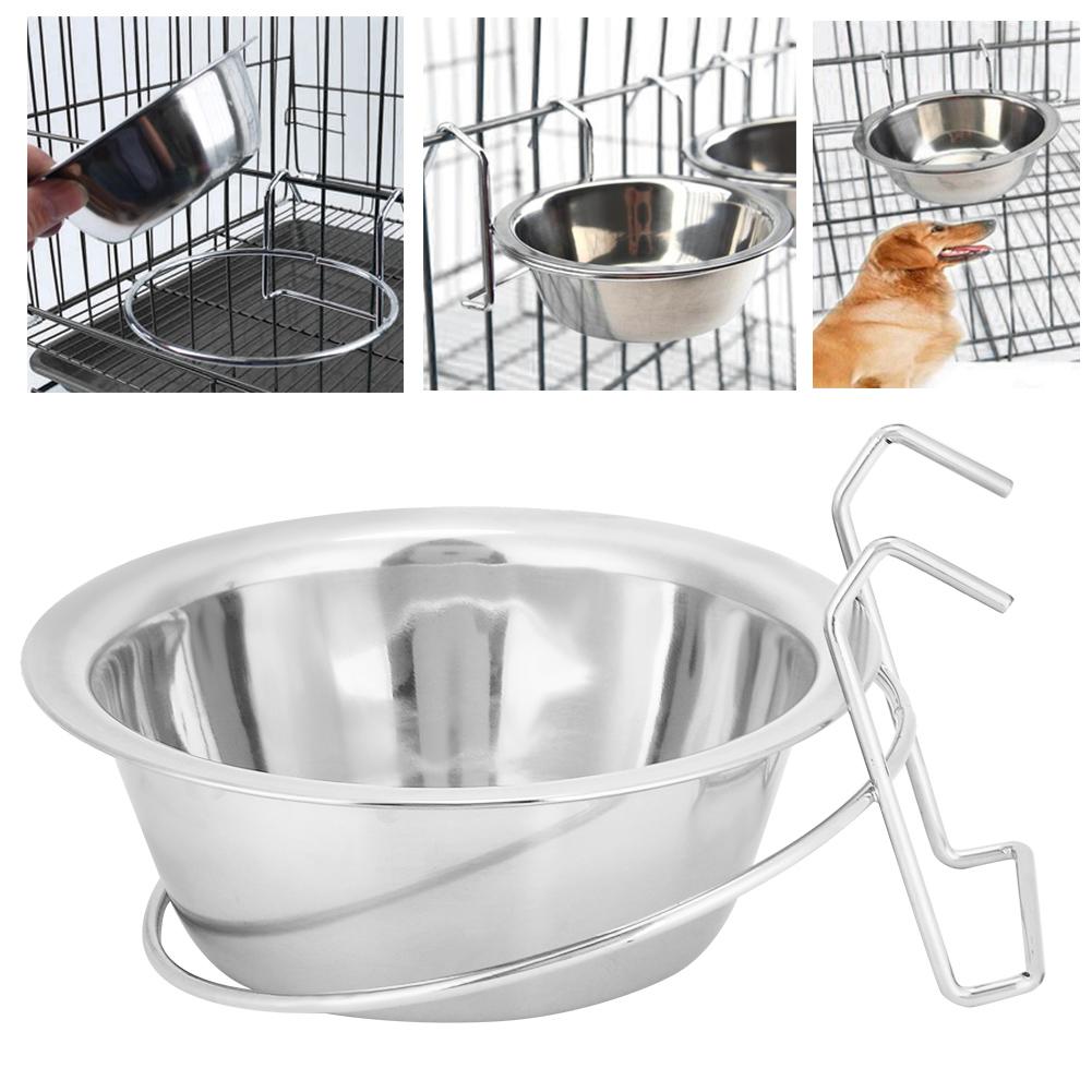 Pet Dog Cat Stainless Steel Hanging Type Bowl Durable Water Food Pot Hanging On Cage with Fixed Bracket