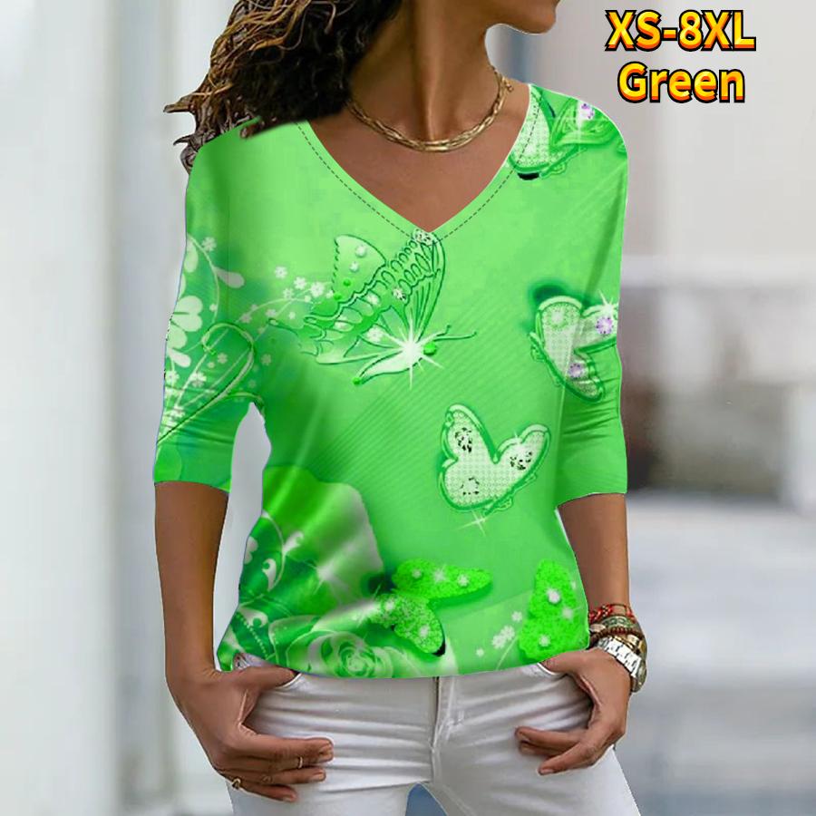 Women Autumn Floral Butterfly Flying Printed Long Sleeve T-Shirts Loose V-Neck Plus Size Tee Shirt Tops Comfy Blouse